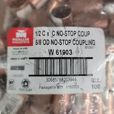 (100) Mueller 1/2in Copper Coupling No Stop Pipe W61903 Sweat Solder 5/8in OD  • $19.99