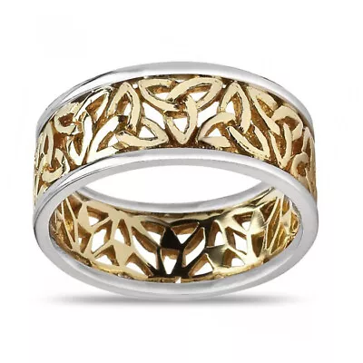 Men's Two-Tone Solid Gold Trim Trinity Filigree Irish Wedding Band Ring • $1979.16