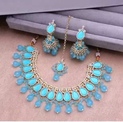 Aqua Indian Bollywood Bridal Gold Plated Wedding Choker Pearl Kundan Jewelry Set • $26.99