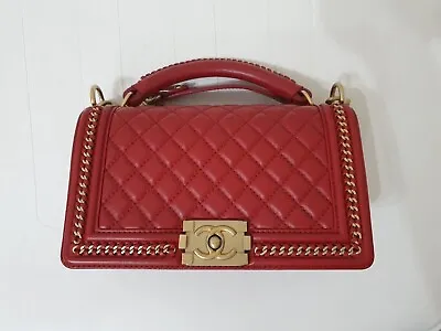 CHANEL BOY Medium Shoulder Bag - Red Flap Quilted Calfskin • $5000