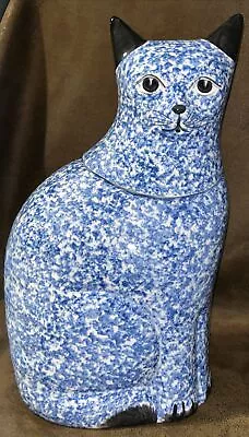 Vtg N.S.Gustin Pottery Ceramic Blue Spongeware Kitty Cat Cookie Jar 14  Signed • $74.40