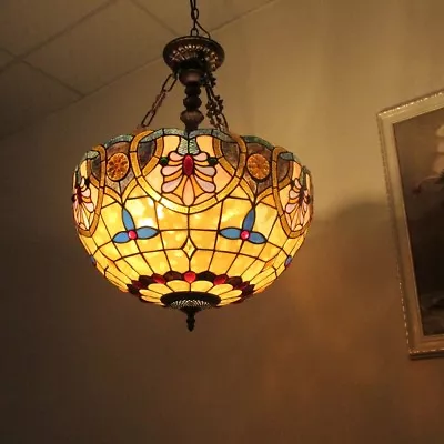 Tiffany-style Stained Glass Victorian Inverted Ceiling Pendant Light 18  Shade • $194.98