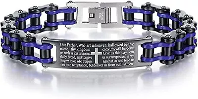 Mens Motorcycle Bike Link Chain Lord's Prayer English Cross Bracelet • £24.10