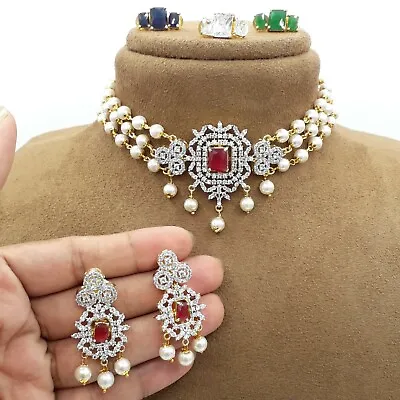 Bollywood Indian Gold Plated Kundan Choker Necklace Bridal Pearl CZ Jewelry Set • $51.92