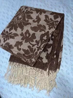 Restoration Hardware Cotton Rayon Wool Brown Tan Damask Throw Blanket Fringed • $36