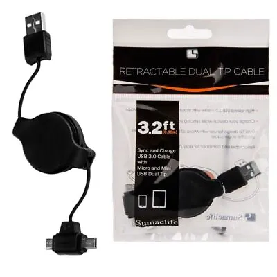 Black Retractable Dual-Tip Micro And Mini USB Cable Charging Sync Data Cable • $9.99