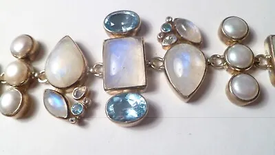 STARBORN RAINBOW MOONSTONE Blue Topaz Pearl  .925 SS SILVER Bracelet! $950 Value • $130.48