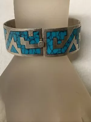 Vintage Modernist Sterling Silver Mexican Inlaid Turquoise Bracelet • $130.50