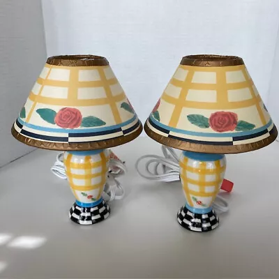  Set Of 2 Hand Painted Checkered Small (8 ) Table Lamps With Shades 15 Watt Bulb • $30