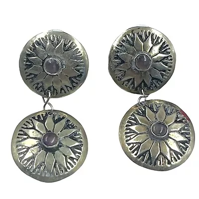 Vintage Sterling Silver Sunflower Drop  Post Earrings W Purple Stone Centers • $16.99