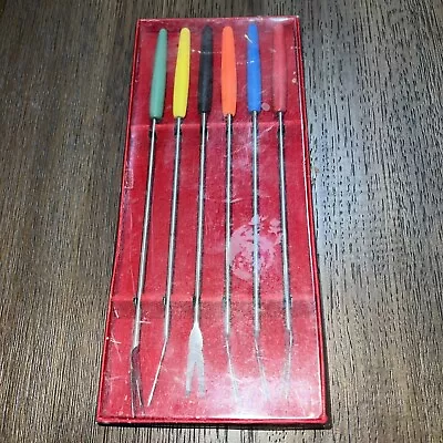 6 VINTAGE Fondue Forks Colorful Plastic Handles Stainless • $12.50