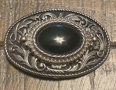 VTG Belt Buckle Silver Tone Color Black Oval Stone Western Cowboy Distress RARE • $15.75