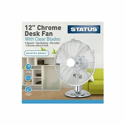Chrome 12  Desk Fan Adjustable 3 Speed Cooling Fan For Home And Office Use • £32.99