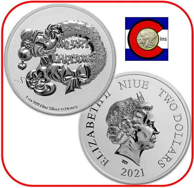 2021 Niue Disney Mickey Mouse Christmas 1 Oz Silver $2 Coin - In Capsule • $40.95