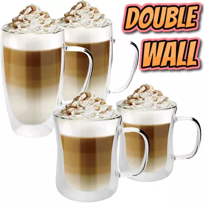 2 X Double Walled Glasses 350ML Or 450ML For Latte Coffee Tea Glass Mugs Wall • £12.99