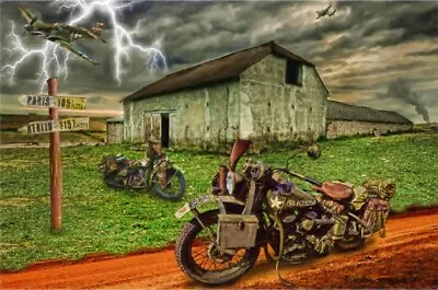 Harley Davidson Military WLA Flathead Motorcycle World War WWII P51 Mustang Art • $24.95