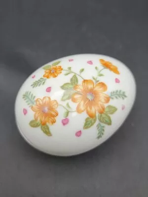 Vintage Porcelain Egg Shaped Lidded Trinket Jewelry Box Orange Floral Design  • $7.90