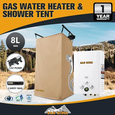 San Hima Camping Shower Tent Awning Fold-Out Instant + 8L Gas Hot Water Heater • $369.95