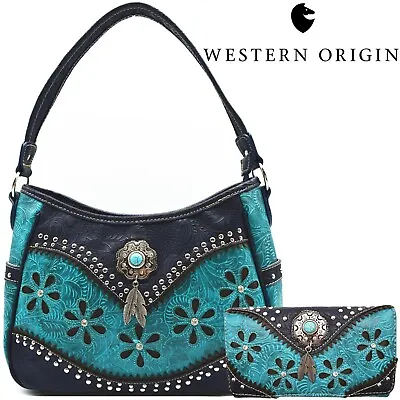 Western Style Concho Handbag Conceal Carry Purse Women Shoulder Bag Wallet Turq • $102.46