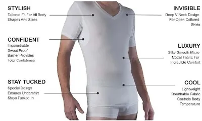 Sweatproof Men's Undershirt With 100% Stop Underarm Sweat Pads White V-Neck S • $17.42