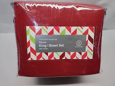 Martha Stewart Holiday Collection Cotton Flannel 4 Piece Sheet Set CandyCane Red • $58.99