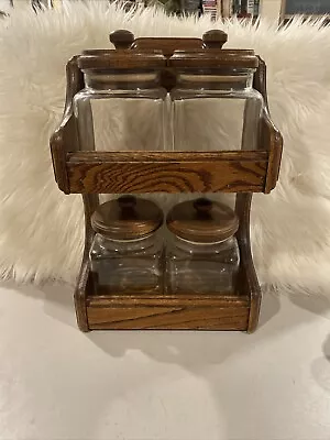 Vintage Glass Merchant Canister Flour Sugar Coffee Tea Jars Wood Lids Set Of 4 • $70