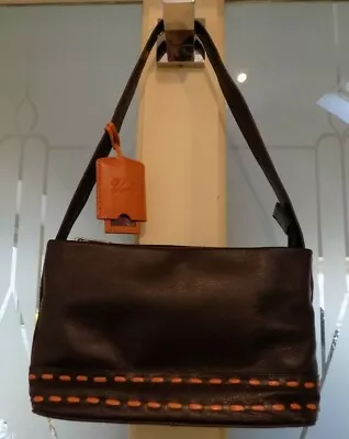 Yoshi Litchfield Shoulder Grab Bag Handbag Brown Leather Orange Trim Autumnal • £14