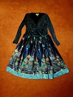 Lindy Bop Retro Navy Blue Swing Dress Moscow Russia Winter Hot Air Balloons 12 • £30