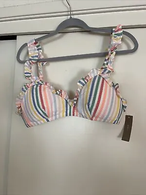 J. Crew Pastel Striped NWT  Seersucker Ruffle Bikini Top XL • $21