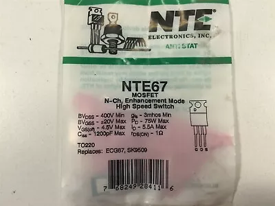 (1) NTE NTE67 MOSFET N−Ch Enhancement Mode High Speed Switch 67 • $8.89