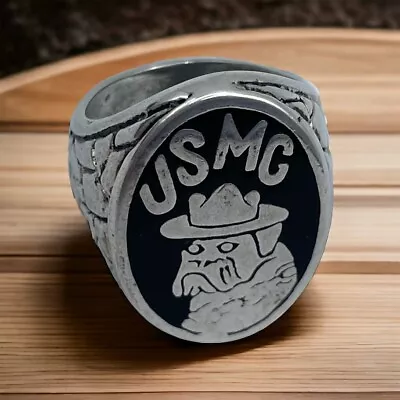 VTG 1987 Signed G&S Marine Bulldog USMC Silver-tone Enamel Ring 7 • $15