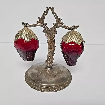 Vintage Glass Strawberry Salt Pepper Shakers Hanging On Metal Silver Stand Japan • $56