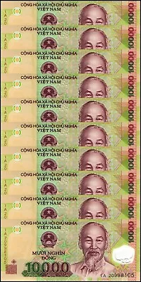 10 X Vietnam 10000 Dong Banknote 2020 P-119m UNC Polymer  USA SELLER  COA • $21.99