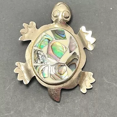 VTG Alpaca Mexico Turtle Brooch Pin Abalone Inlay White Enamel  • $16.99