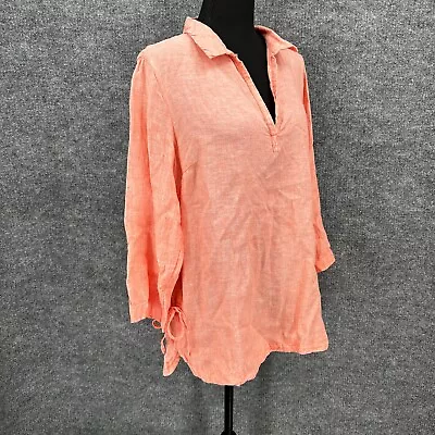 Sigrid Olsen Shirt Womens Medium Orange Linen Tunic Pullover V Neck Lagenlook • $18.04