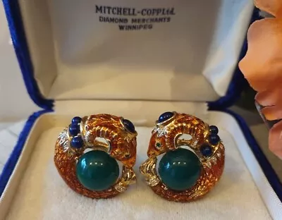 Vintage Earrings Signed CRAFT Enamel Cabochon Rams Head Gold Tone Clip On Rare • $144.77