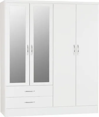 Nevada 4 Door 2 Drawer Mirrored Wardrobe In White Gloss Finish Hanging Rail  • £286.99