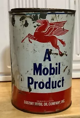 Mobil Oil Mobiloil Pegasus Oil Grease Can Tin 5 Lb. 1950s A MOBIL PRODUCT • $45