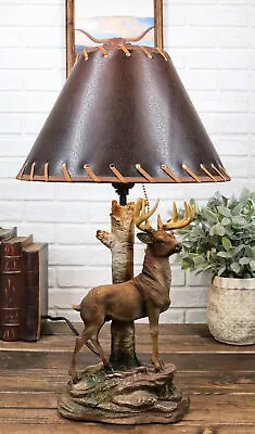 Rustic Country Grand Elk Stag Deer By Birch Tree Desktop Table Lamp With Shade • $76.99