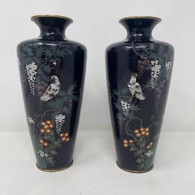 Antique Japanese Cloisonne Enamel Pair Of Vases With Wisteria And Pigeons Signed • $1.23