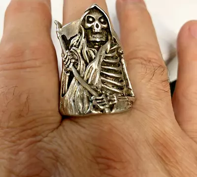 Vintage 1986 G&S Grim Reaper Hooded Skeleton Holding Scythe Silver Biker Ring • $139.99