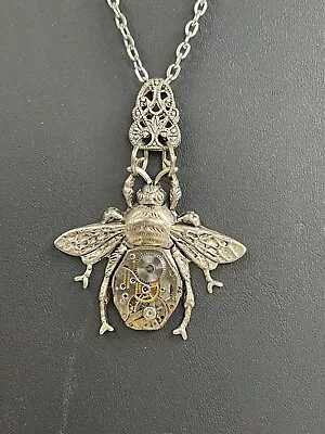 Handcrafted Silver Tone BEE Pendant Necklace - Made From Watch Pieces - 24  • $29.99