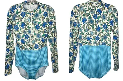 Lands' End 12 MASTECTOMY Paddle Suit Swimsuit Rash Guard Blue Floral Long Sleeve • $49.47