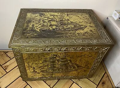 Large Vintage Brass Covered Embossed Coal Box Ships Design- With Inner Lining • £29.99