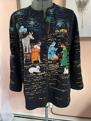 Michael Simon M Embroidered Nativity Christmas Sweater Manger **READ** Easter • $78