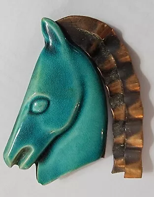 Vintage HORSE HEAD BROOCH Turquoise Ceramic & Copper • $65