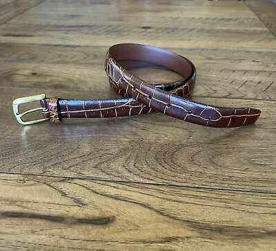 VTG Italian Leather Belt Mens 40 Italy Brown Croc Embossed Solid Brass Buckle • $18.99