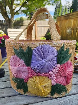 Raffia Straw Hand Bag Purse With Colorful Flowers Top Handles • $16