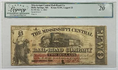 1862 Mississippi Central Rail Road Holly Springs $2 Dollar Note Legacy VF-20 • $174.95