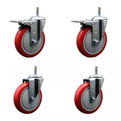 5 Inch Red Poly Wheel Swivel 7/16 Inch Stem Caster Set 2 Total Lock Brake • $96.82
